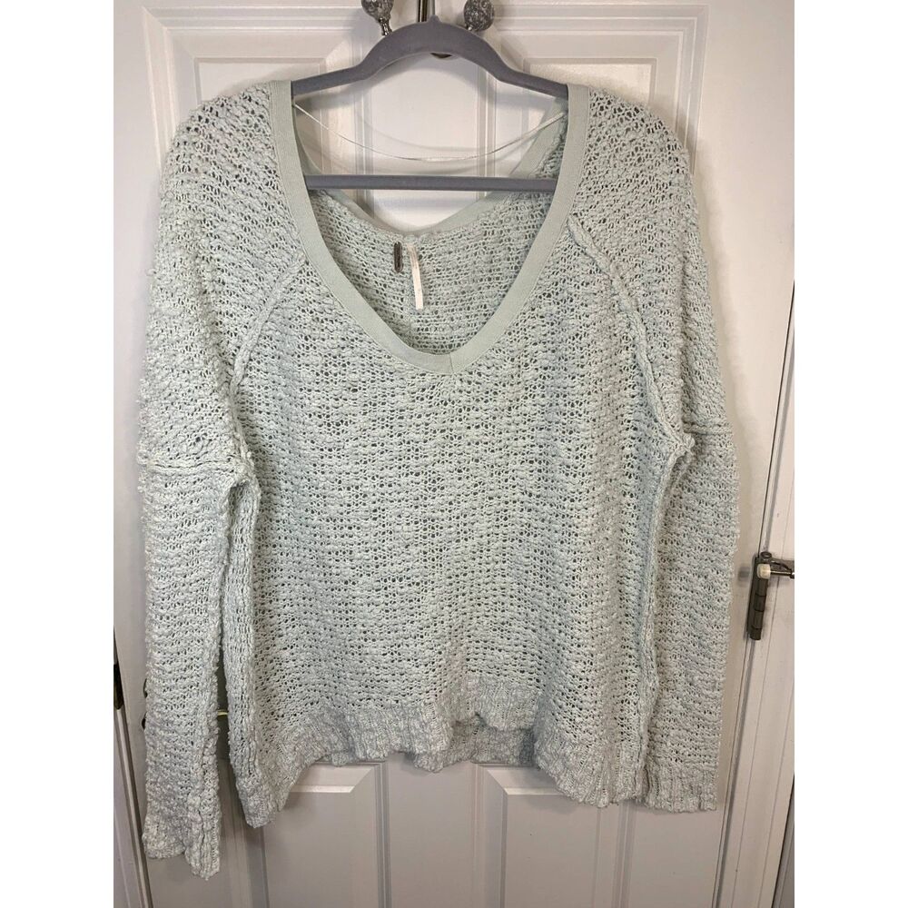 Free People Songbird Seafoam Oversized Chunky Knit V-Neck Sweater Size Small